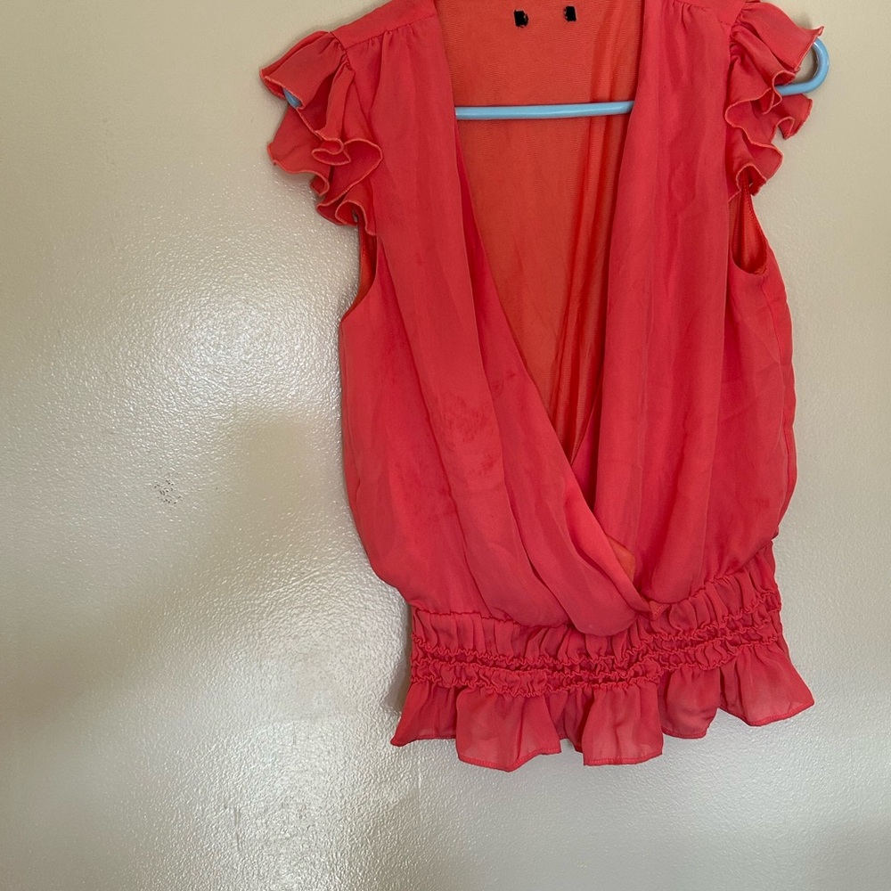 Chic Coral Ruffle Sleeve Blouse
